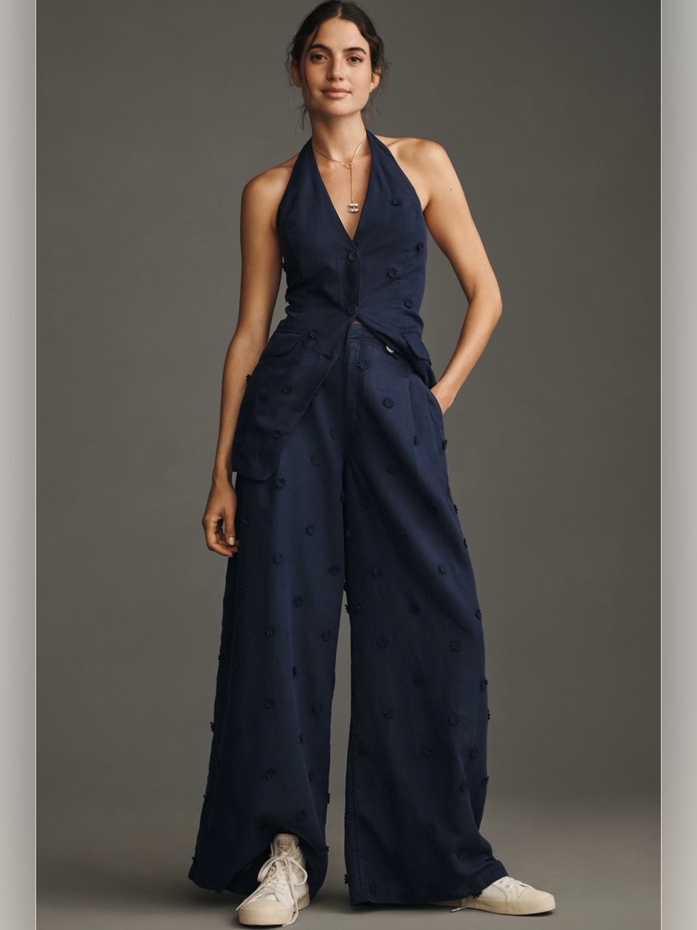 2 pieces Linen Blend Halter Vest + Tailored Linen Blend Embellished Trousers